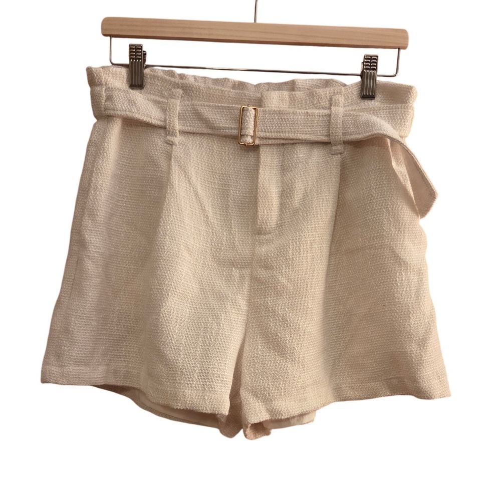 Anthropologie Bishop + Young Cream Tweed Belted High Waist Paperbag Shorts Sz L